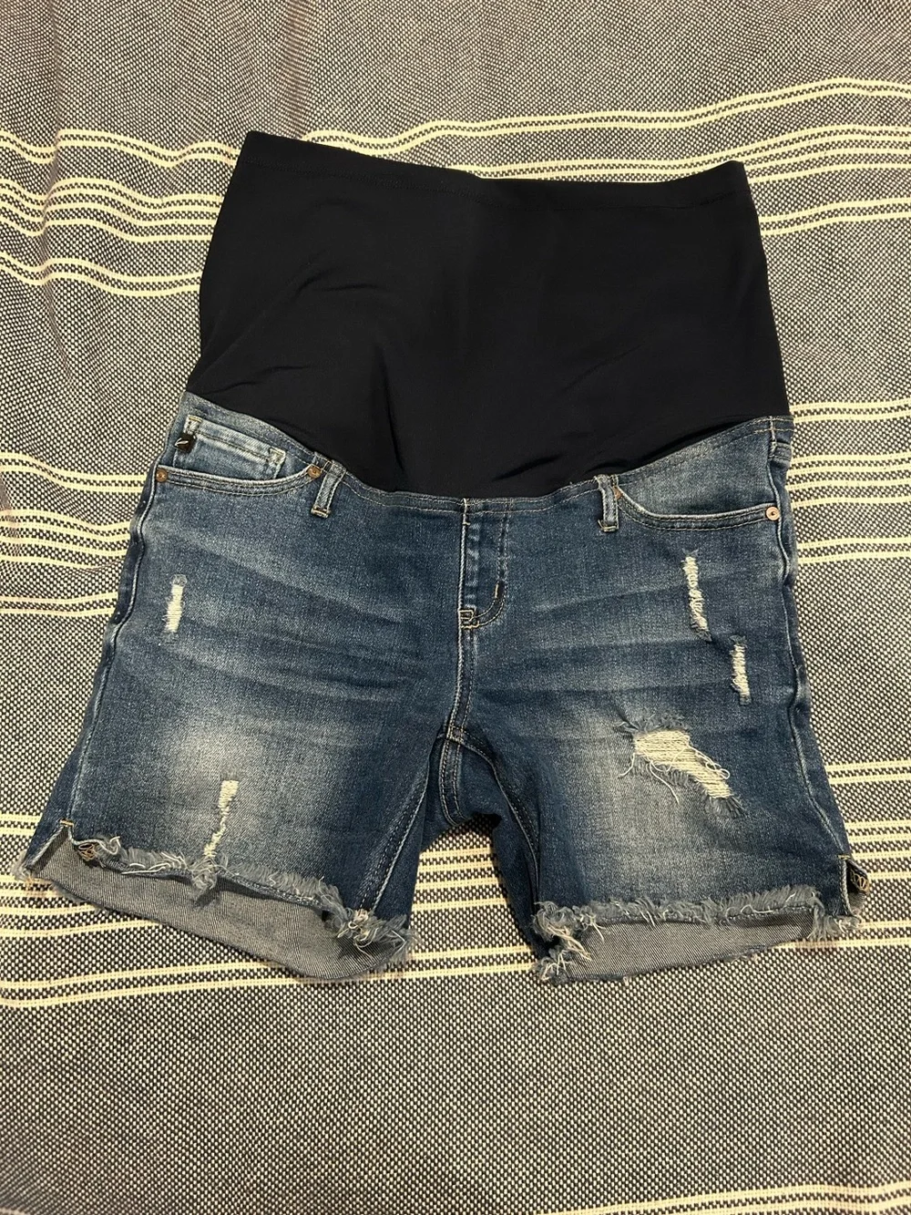 Blue Distressed Fringe Hem Maternity Jean Shorts From Pink Blush - Picture 5 of 8